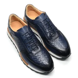 Autumn Winter Genuine Leather Men's Luxury Sneakers Plaid Weave Pattern Lace-up Casual Business Office White Oxford Shoes Man