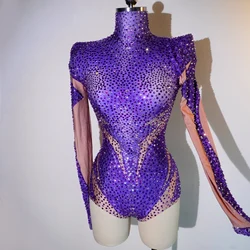 Sexy High elasticity purple Bodysuit Sparkling Rhinestones Leotard Dance SingerDS show stage Crystal Performance wear