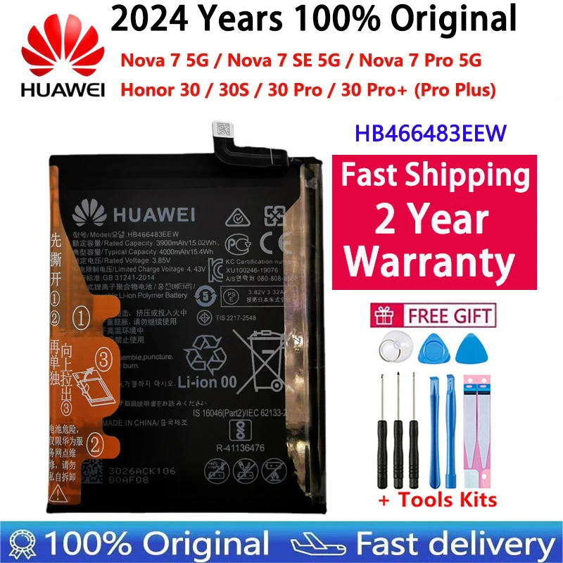 Original Battery HB466483EEW 4000mAh For Huawei Nova 7 SE Pro 5G Honor 30 30S Pro Pro+ Plus Batteries Batteria Fast Shipping