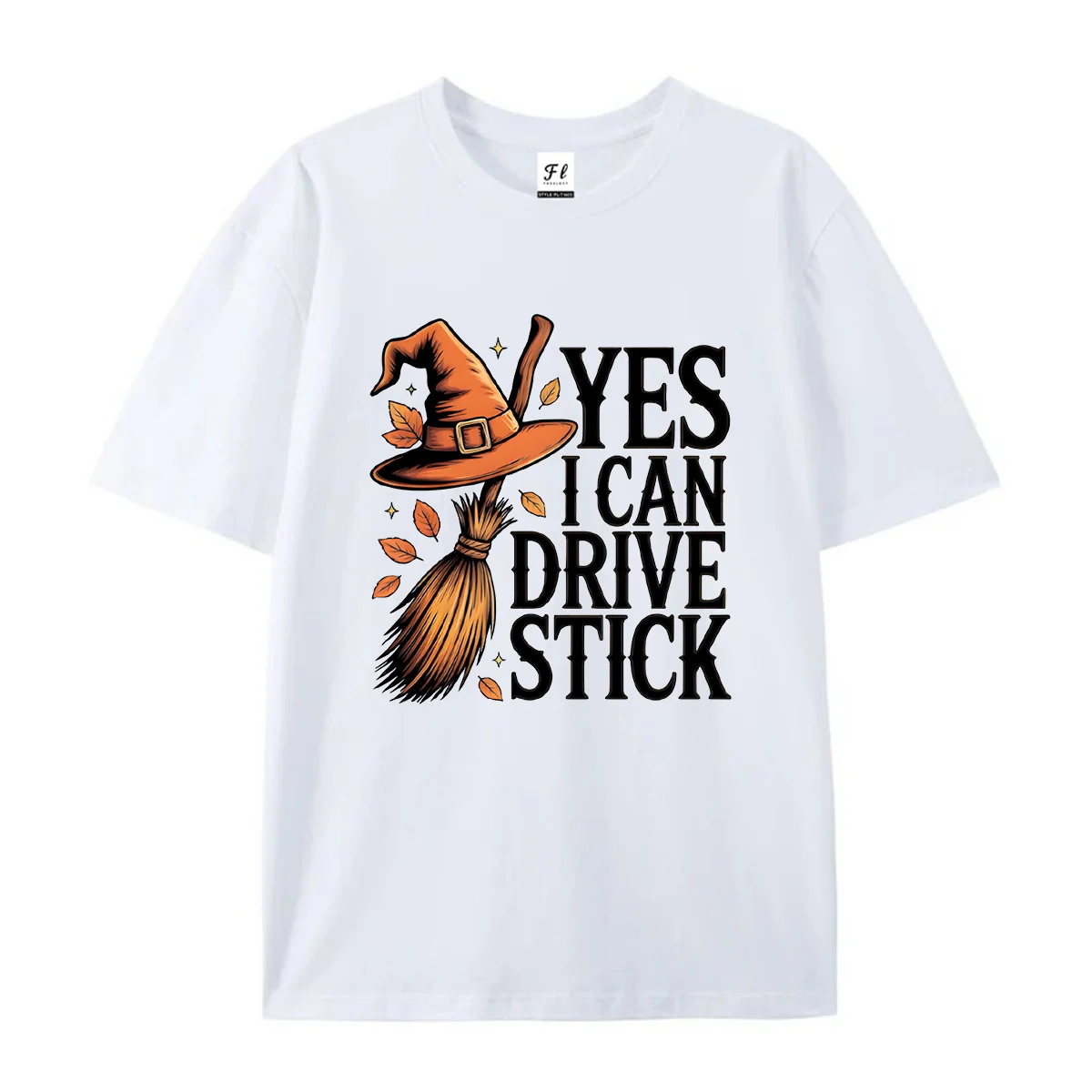 Women Round Neck Short Sleeve T Shirt Yes I Can Drive Stick Witch Hat Broom Halloween Graphic Tee Vintage Casual Summer Female