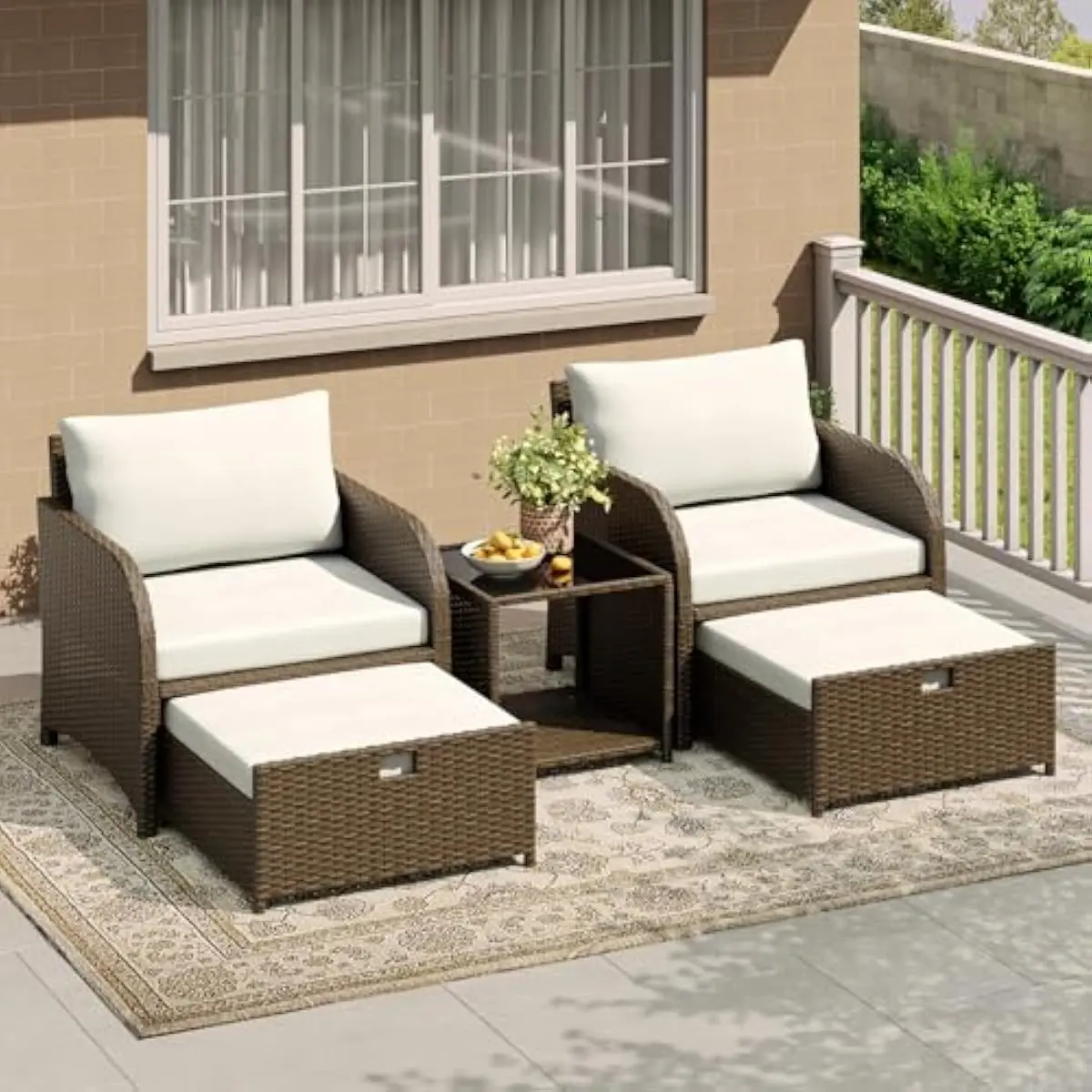 5-Piece Contemporary Patio Seating Set Featuring Zippered Beige Cushions PE Wicker Frames Tempered Glass Table Space-Saving Tuck