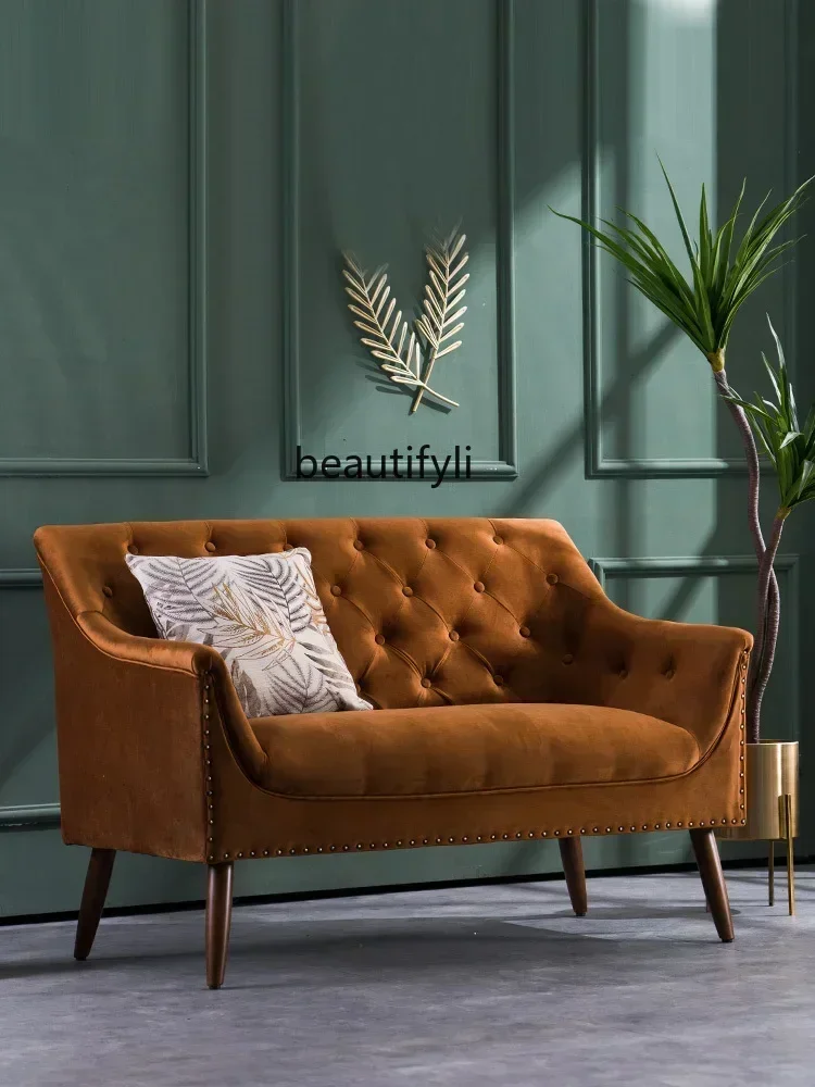 

Living room American light luxury retro fabric sofa, European velvet three-person double sofa chair