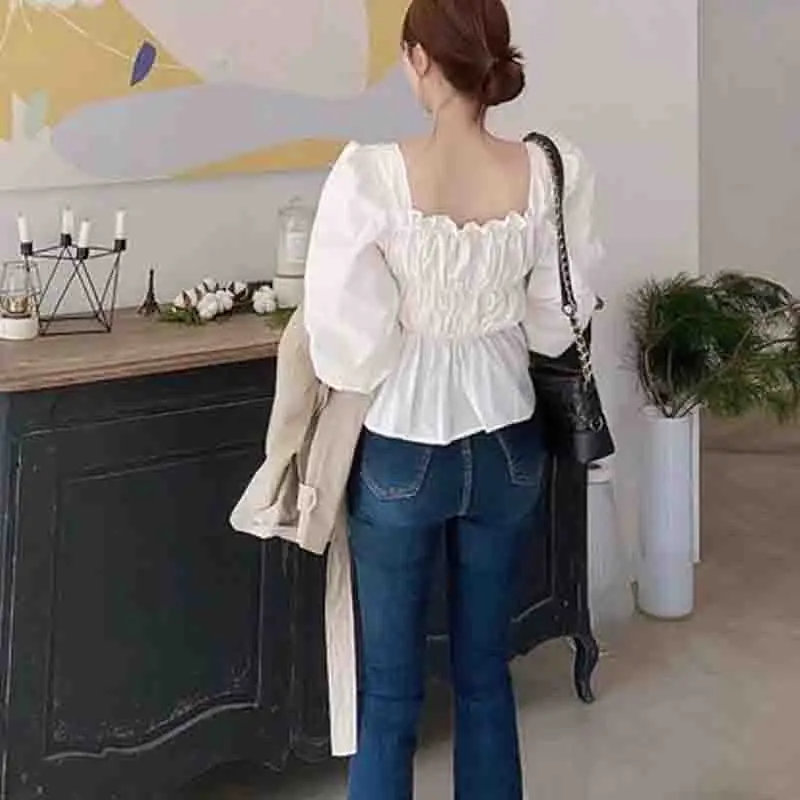 New Fashion Sweet Women Blouse 2024 White Ruffle Shirt Korean Style Square Neck Elegant Tops Long Puff Sleeve Clothing 323