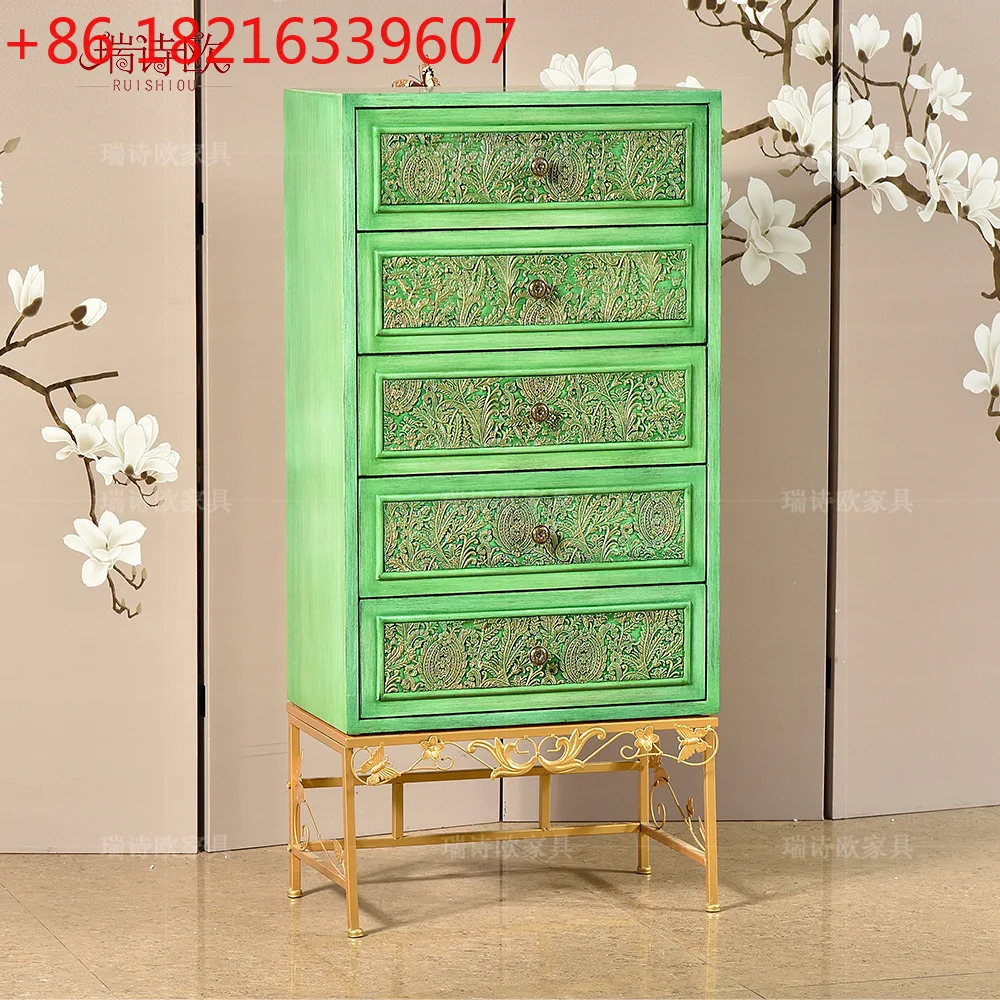 YAO American retro dark green gold-painted glass wine cabinet hand-painted drawer double door living room