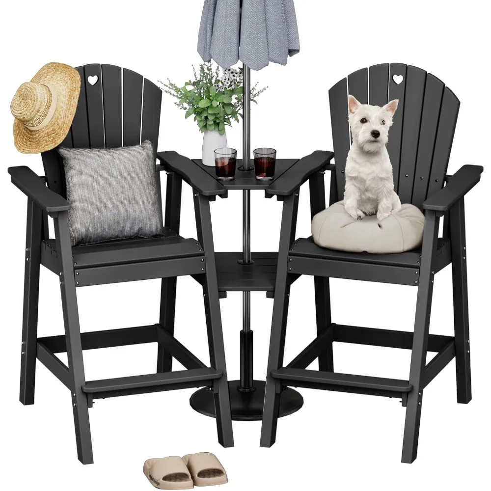 

Tall Adirondack Chairs Set of 2 with Double Layer Connecting Table, HDPE Bar Height Outdoor Table and Chairs with Umbrella Hole,