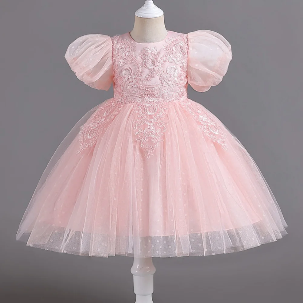 Girls' Dress 2023 New Summer Bubble Sleeve Sweet Petal Mesh Dress Decal Solid Wedding Birthday Party Dress for 2-10 Years