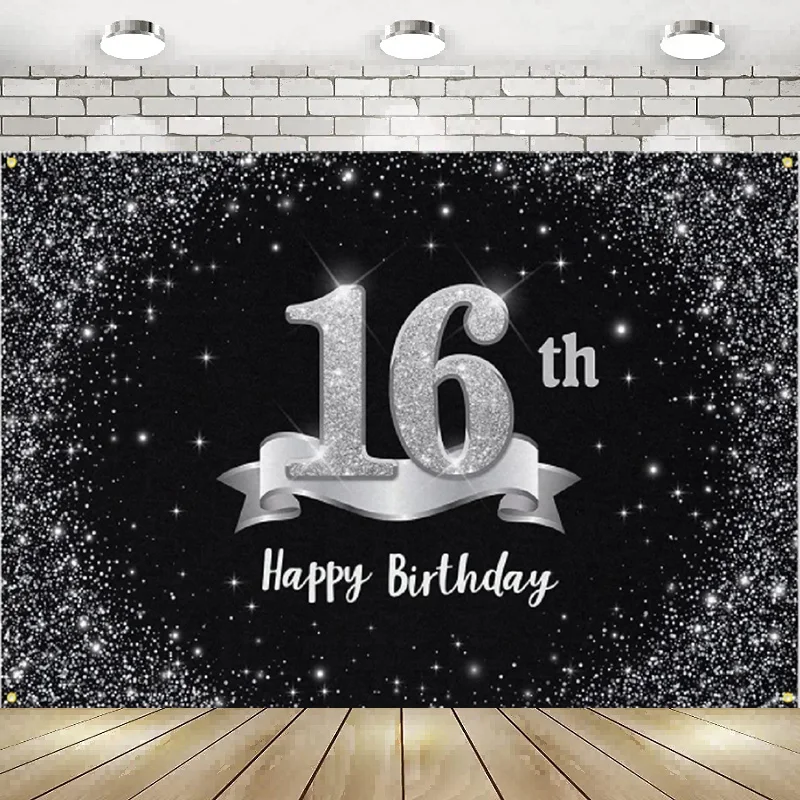 

Happy 16th Birthday Banner Photography Backdrop Decorations Party Supplies For Girls Boys Black Silver Background Banner