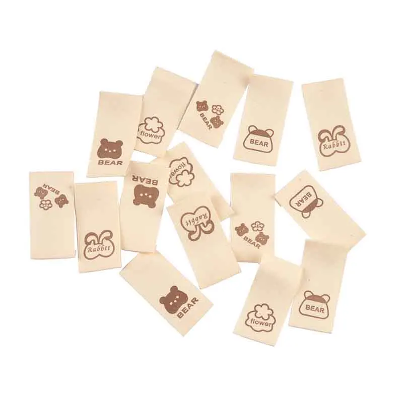 50pcs 20x40mm Mixed Begie Bear/Rabbit/Flower Cartoon Printed Label For Clothes Sewing Accessories DIY Tags Handmade Crafts C4146