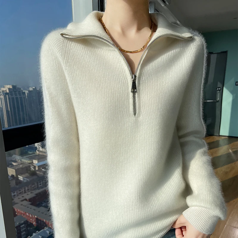 Winter new women\'s sweater 100% Merino wool sweater thick turtleneck half zipper pullover solid color thick cashmere sweater top