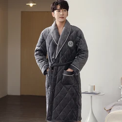 New Men Winter 3 Layers Coral Feece Quilted Robe Solid Long Sleeve Kimono Bathrobe Gown Casual Home Clothes Male Sleep Wear