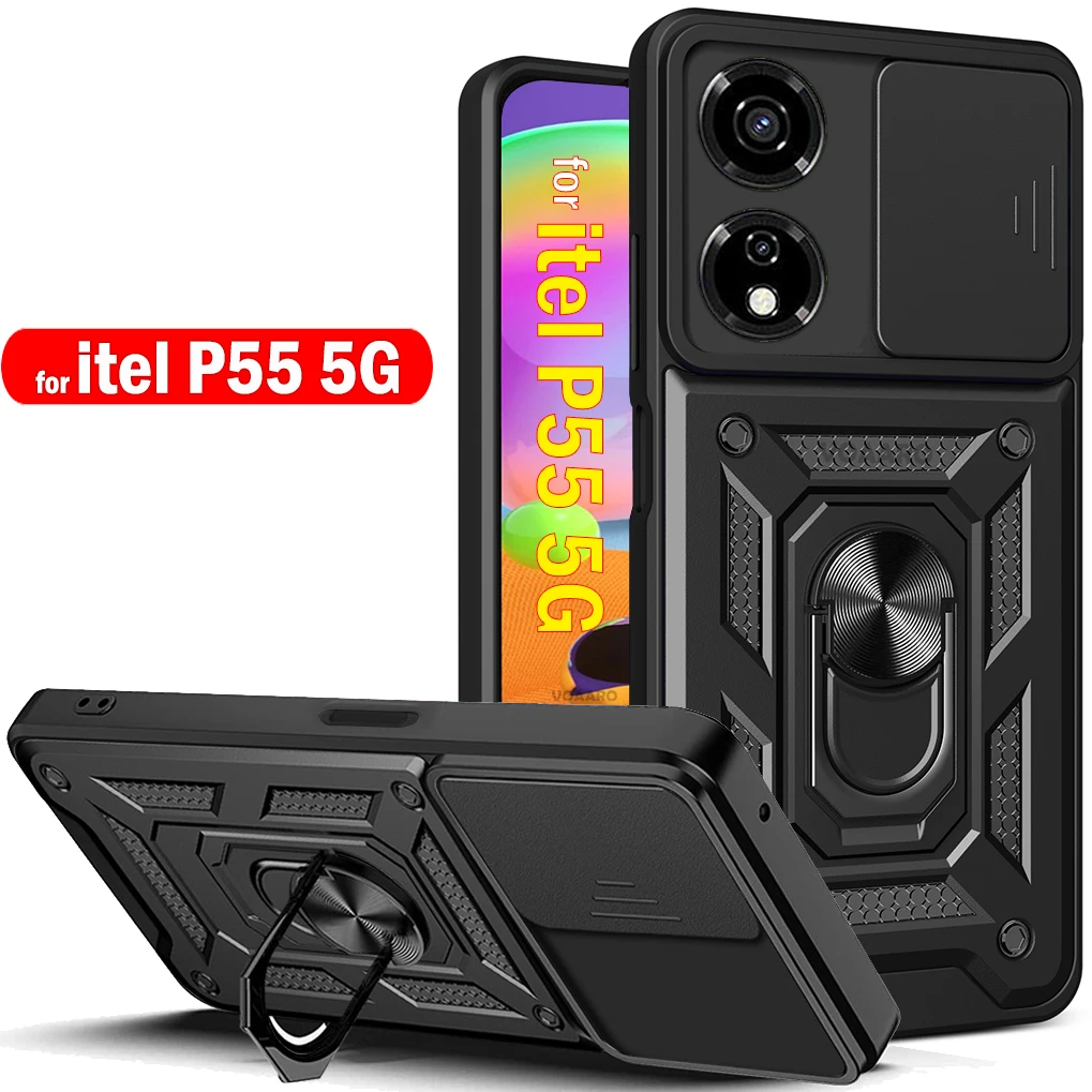 Slide Lens Camera Protection Funda for Itel P55 5G Case Magnetic Ring Stand Holder Cover for Itel P55 5G P661N Armor Case Capa