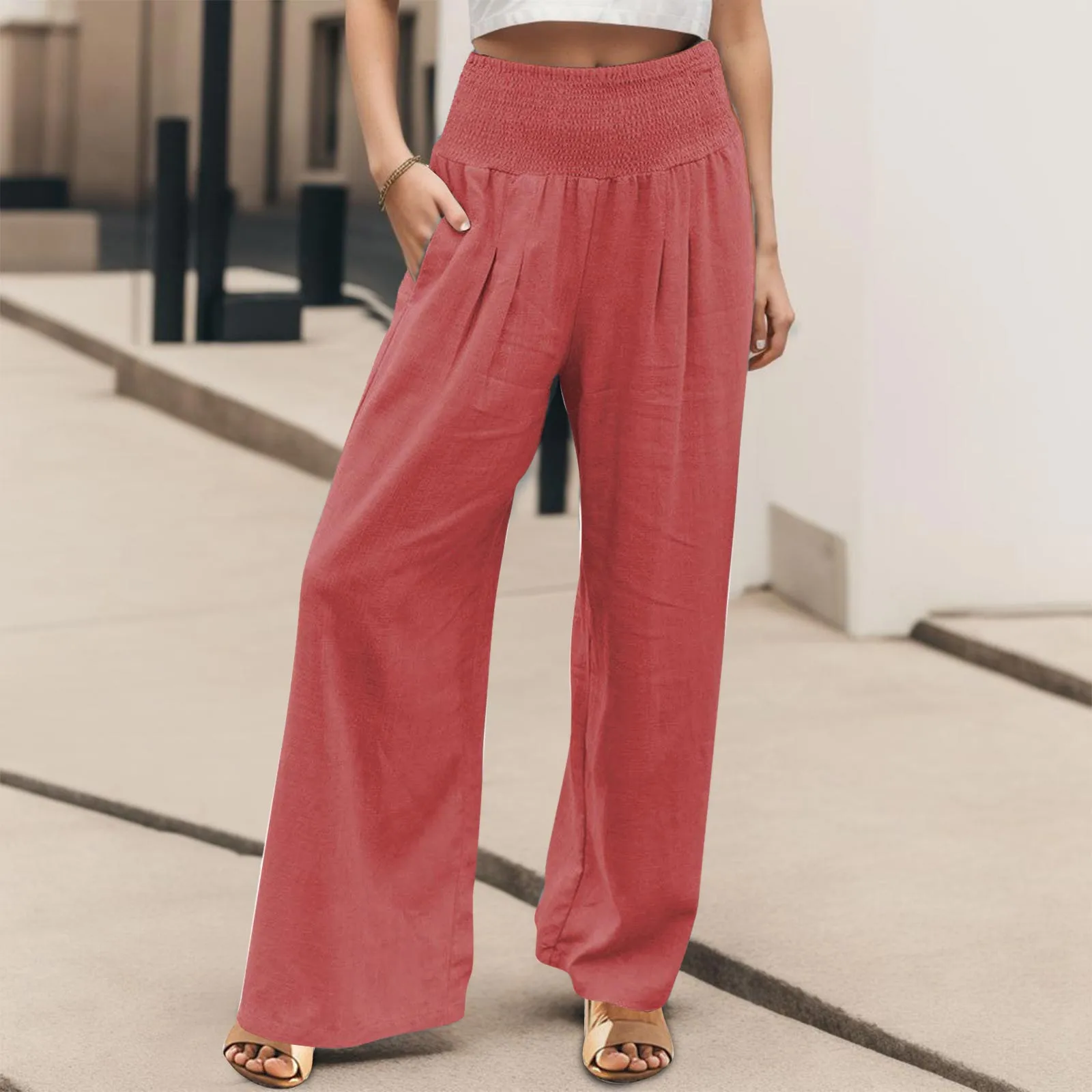 Fashion High Waist Pockets Wide Leg Pants For Women Pure Color Elastic Waist Loose Comfortable Casual Versatile Trousers