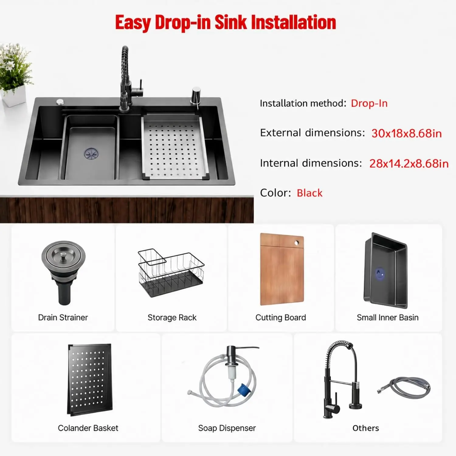Black Drop-in Kitchen Sink: 30in Workstation Deep Single Bowl& Accessories