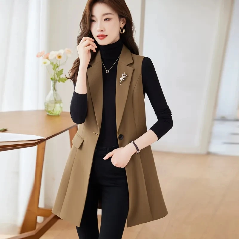 Women\'s Lapel Collar Vest Coat All-Matched Single Breasted Sleeveless Classic Solid Color Chic Vintage Office Lady Jacket