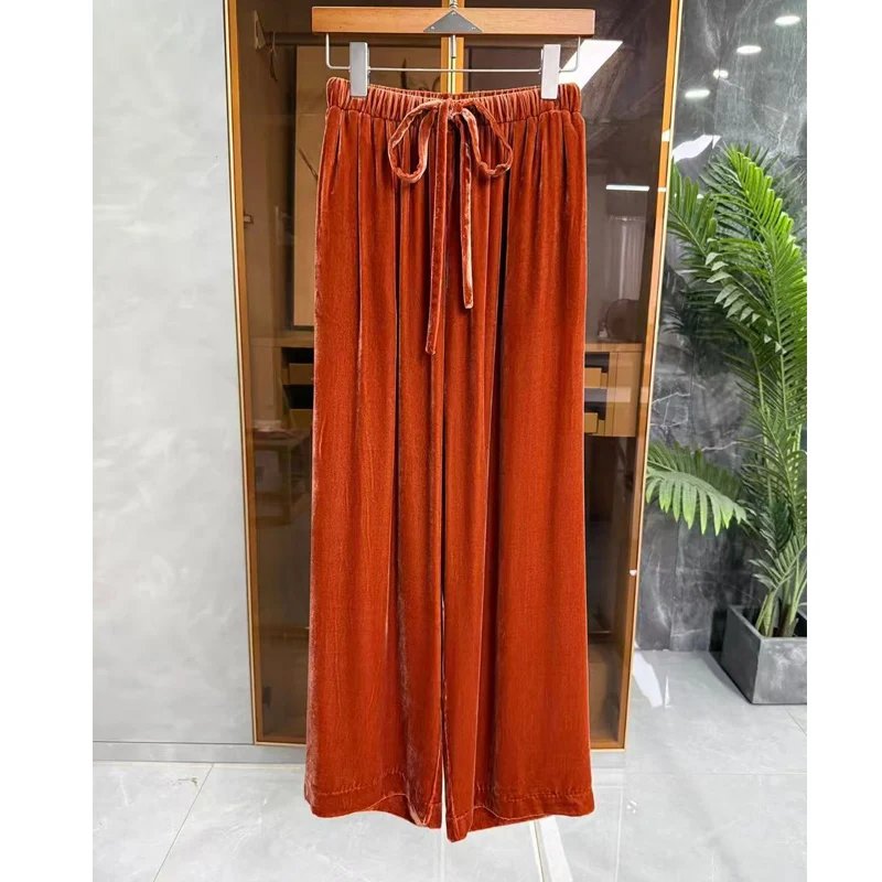 Vintage Velvet Wide Leg Pants Women Elastic Waist +Drawstring +Pockets Soft Silky Casual Ladies Long  Pants S-XL