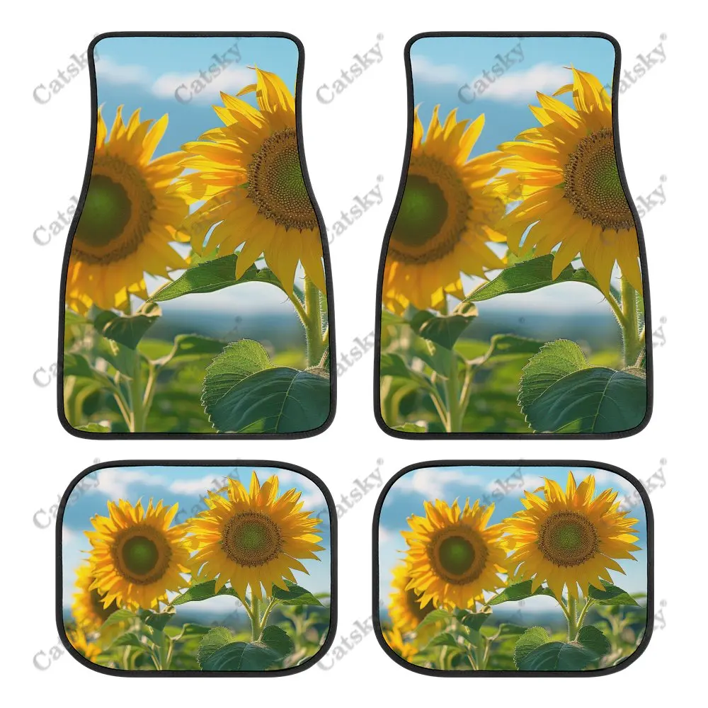 Sunflowers White Clouds Sky Car Floor Mats 4piece Front Rear Carpet Stain-resistant Complete Set Suitable for SUV Truck Interior