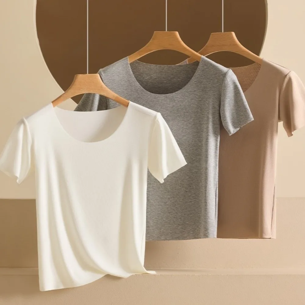 

Ins Fashion U Round Neck Women Thin T-shirts Solid Color Korean Style Female Crop Tops Modal Short Sleeved Base Shirt Ladies