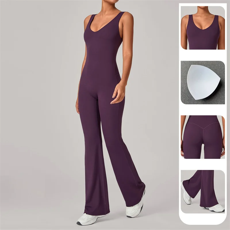 TRY TO BN Flare Yoga Jumpsuit Sports High Strength One Piece Bodysuit Sportswear Fitness Workout Running Tight Gym Woman Clothes