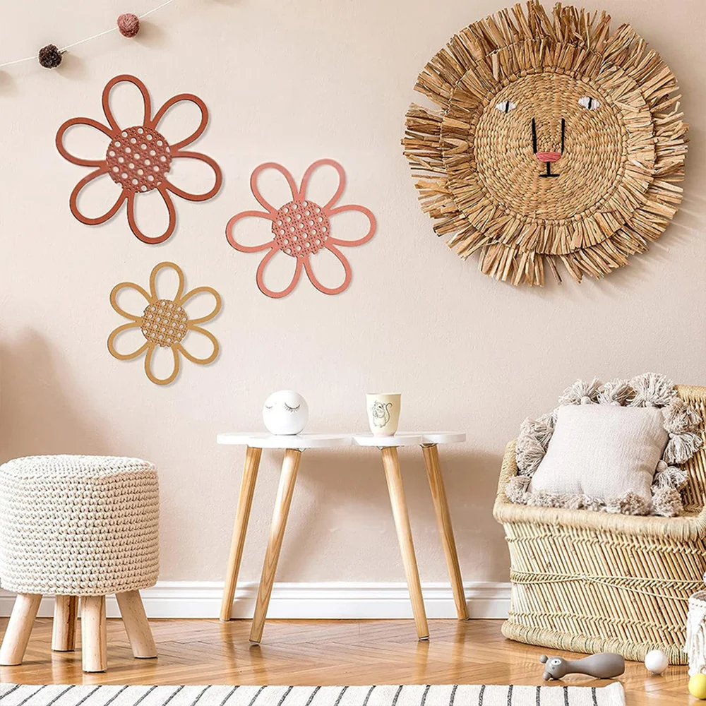 3Pcs Colored Daisy Hanging Wall Decor Wooden Living Room Flower Wall Art Straw Woven Wall Basket Home Bedroom Decoration