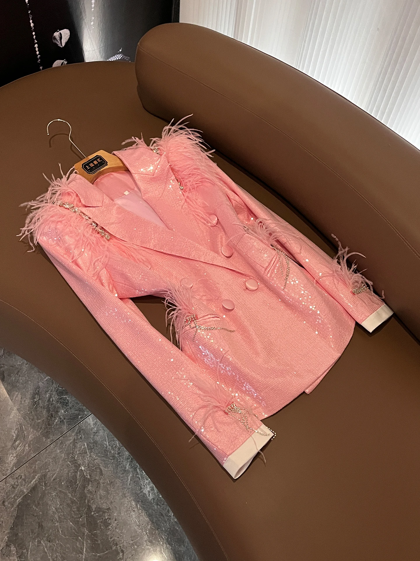 Summer 2026 Women's Pink Sequin Long Sleeve Suit Jacket Furry Decoration Party Wear Commute Style Regular Thickness