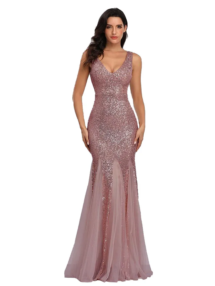 Sequin Spliced Mesh Mermaid Plus Size Evening Gown Double V Neck Sleeveless Hot Selling Bridesmaid Stretch Dress Prom Gown