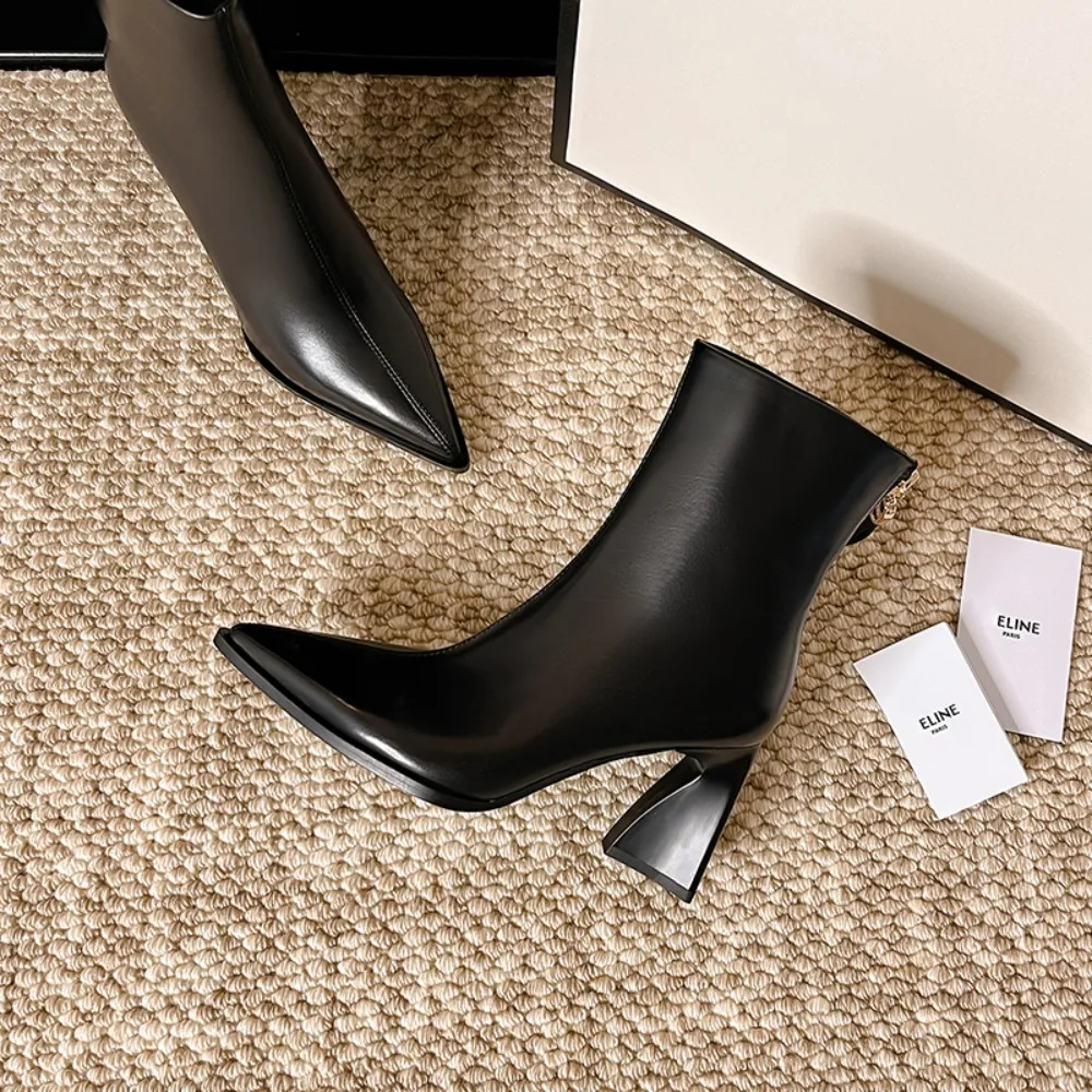 

Winter Women's Boots ort High Heels Thiened Rubber Outsole Wool Blend Lined Leather Upper Square Toe Anti Slip