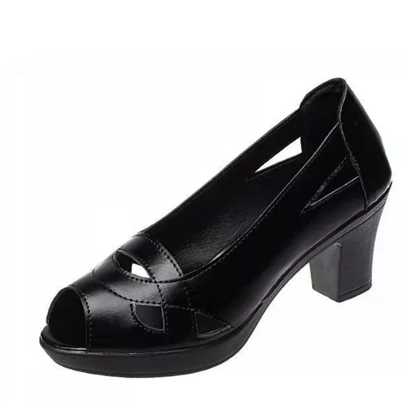 Women Fashion Peep Toe High Quality Summer Black Leather Shoes Lady Casual Slip on Comfort Open Toe Summer Sandal Shoes B83
