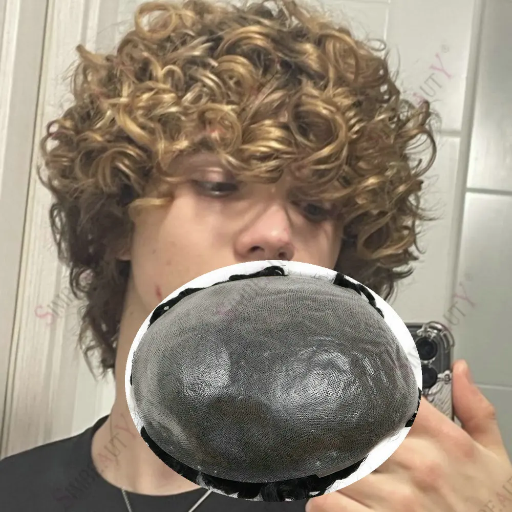 26mm Curly#20 Ash Blonde Grey Men's Human Hair Toupee Super Durable 0.06mm Full Skin Base Vlooped Male Prosthesis Capillary Unit