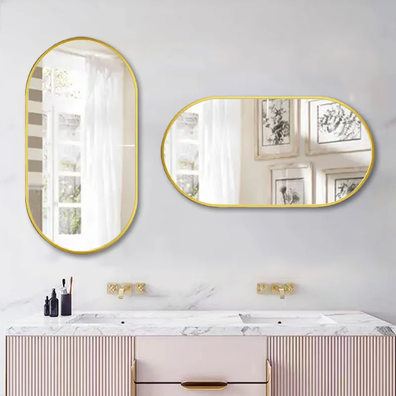 Aluminum Alloy Bathroom Mirror No Drilling Oval HD Ultra Clear Explosion Proof Makeup Mirror for Washroom Bedroom Restroom Decor