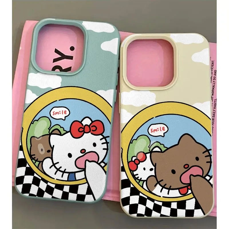 

Cute Hello Kittys Fashion TPU Imitation Leather Phone Case for IPhone 16 Plus 15 14 13 12 11 Pro Max Shock-absorbing