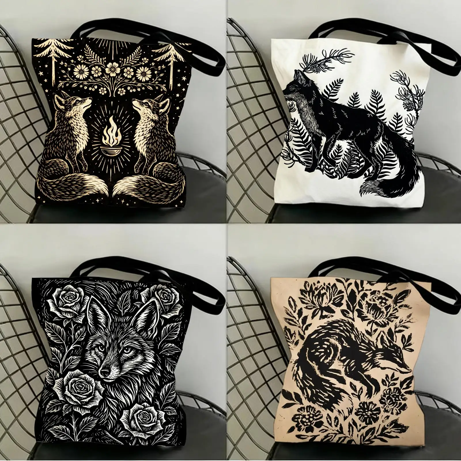 Bolsas de almacenamiento con diseño de zorro del bosque Folklore, bolsas de lona con estampado de doble cara, bolso de hombro a la moda, bolso de compras, regalo, bolsos ecológicos