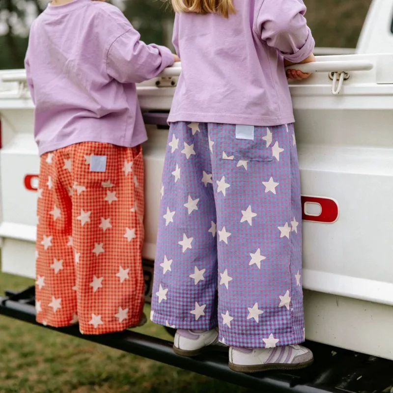 Nordic Style Children's Star Checkered Wide Leg Pants for Autumn Winter Loose Straight Leg Casual Pants Retro Pants for Children