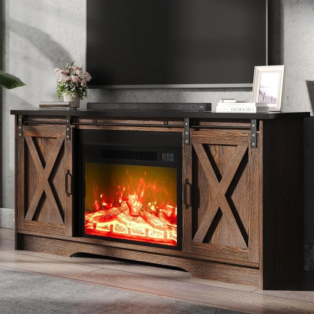 Soporte para TV con chimenea, puerta corrediza de granero, gabinetes de almacenamiento ajustables, centro de entretenimiento de granja con chimenea