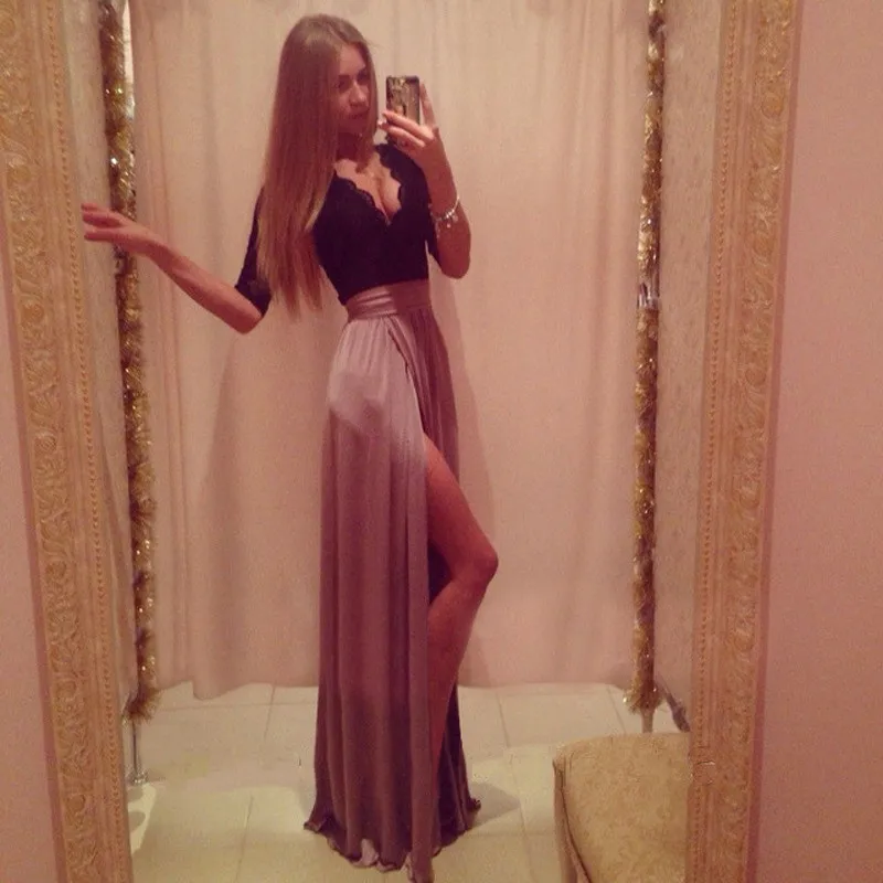 Elegante Mode Spitze Spleißen Split Maxi Kleid für Frauen Club Party Abendkleid Sexy Tiefem V-ausschnitt Hohe Split Lange Kleider Kleid