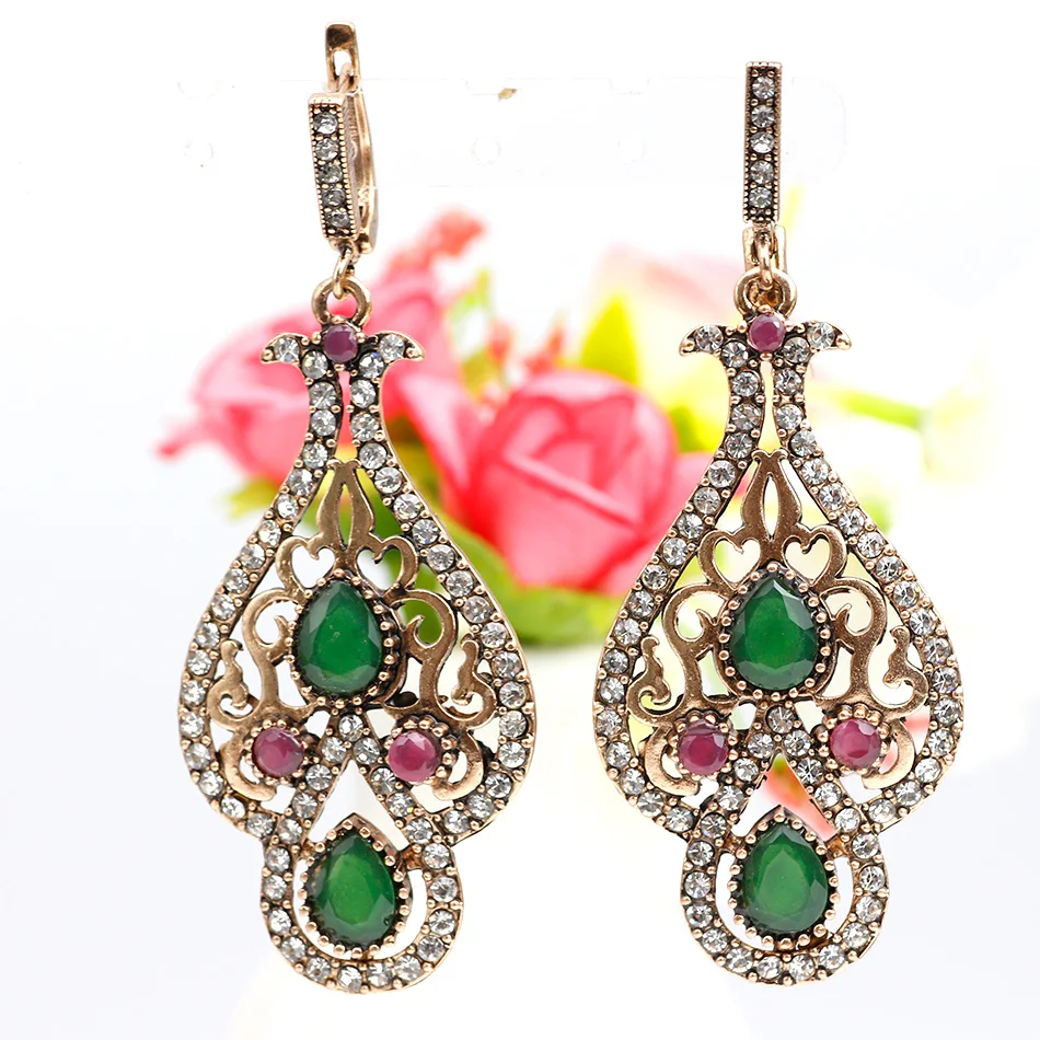 Sunspicems Chic Turkish Earring Vintage Bohemia Bride Jewelry For Women Retro Gold Color Arabic Water Drop Earring Indian Bijoux