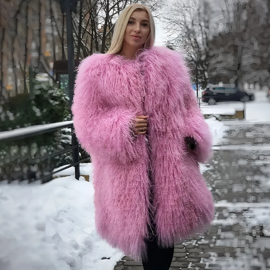 Ladies Sheep Skin Coat For Women Mongolia Sheep Fur Coats Pink Sheepskin Coat Winter Fashion Lamb Coats