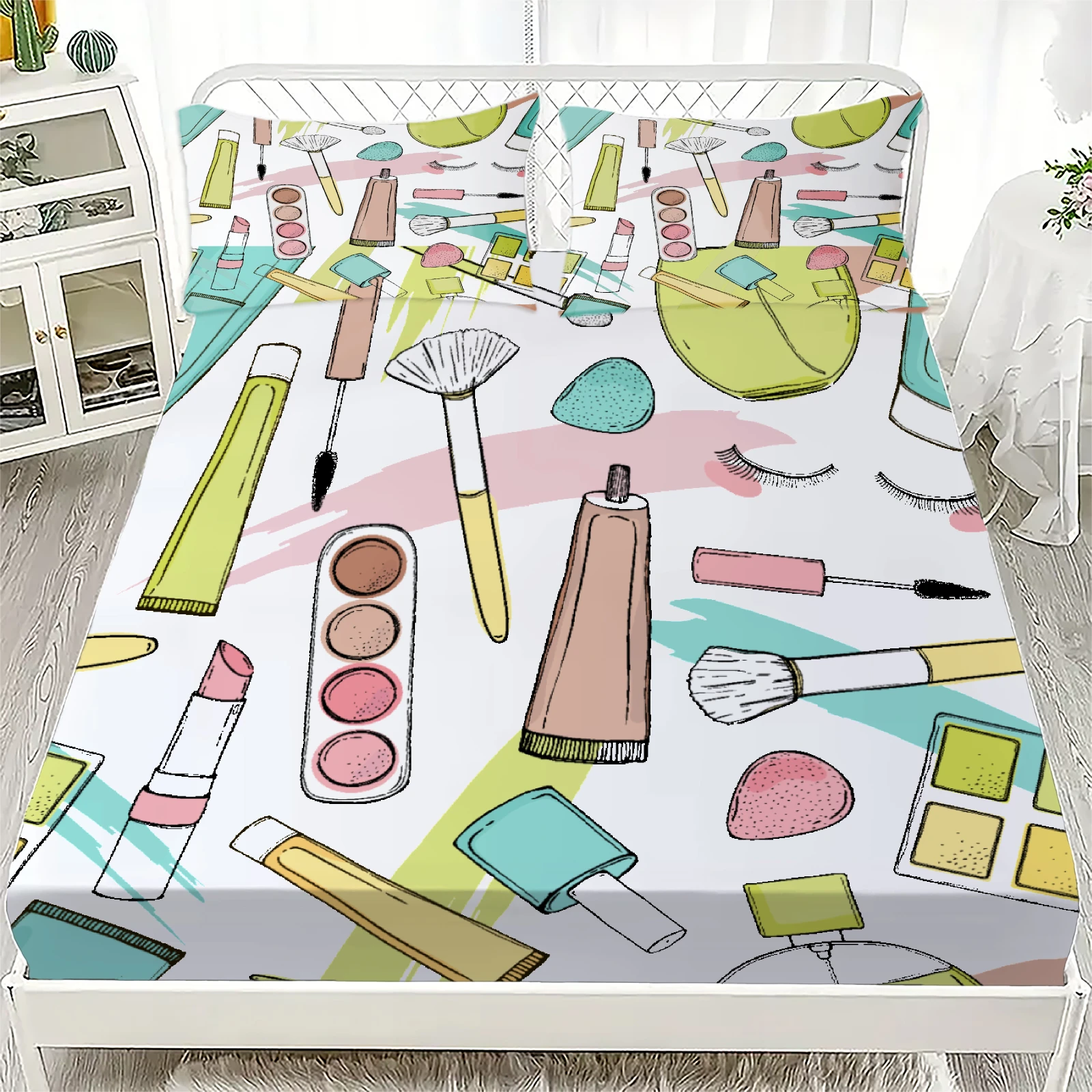 3pcs White Fitted Sheet Set Makeup Tools And Cosmetics Pattern Printed 100%Polyester Flat Sheet With Pillowcases Room Decoration