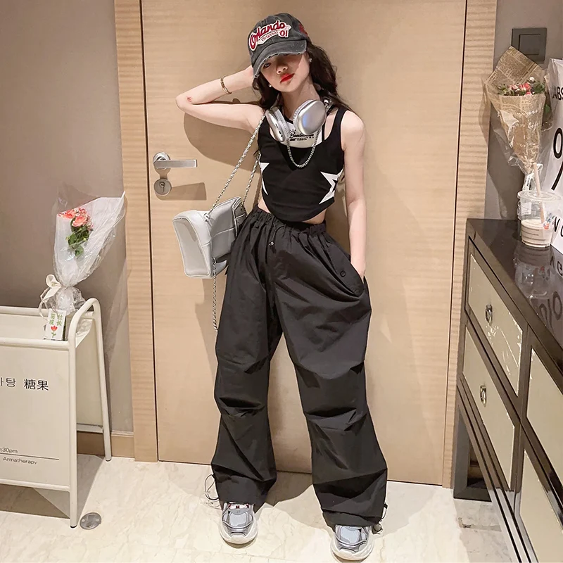 Teenage Girls Casual Wear Star Vest Tops + Wide Leg Cargo Pants Suits Hip Hop Kids Sweatpants Pockets Joggers Trousers Tracksuit