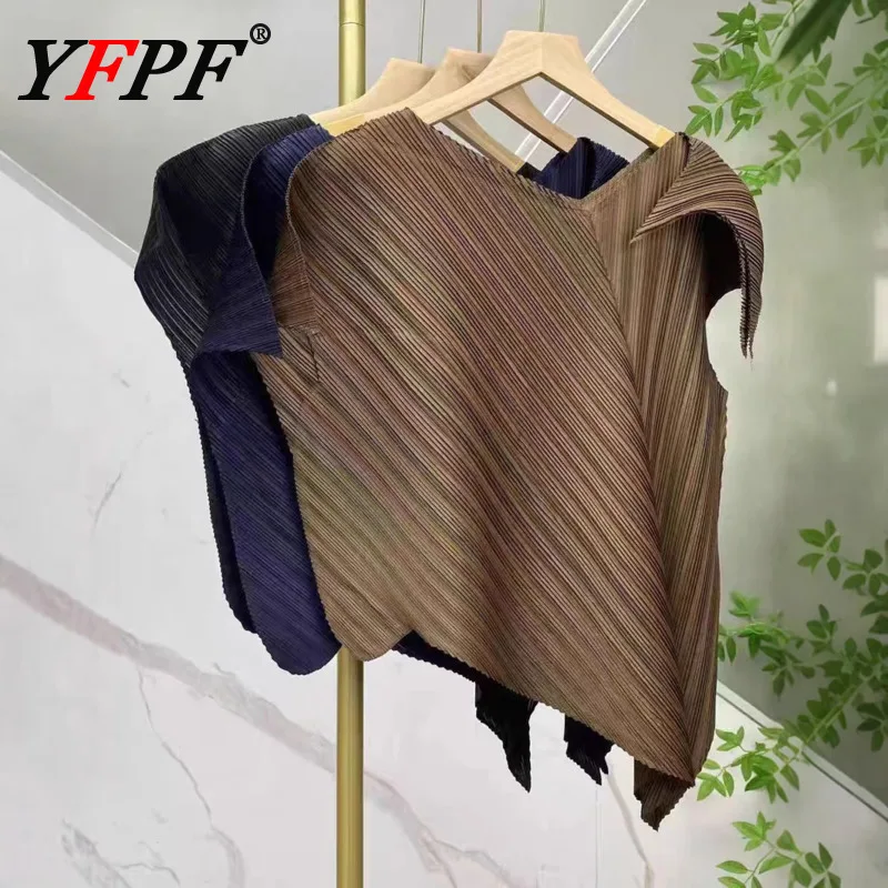 

YFPF Fashion Miyake Pleated T-shirt For Women Asymmetrical Design Short Sleeve Solid Color Streetwear Tops 2025 New Clothing