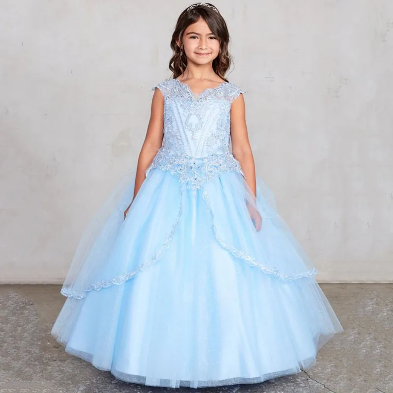 Customized Sky Blue Flower Girl Dresses Tulle Pattern Appliques Sleeveless For Wedding Birthday Party Banquet Princess Gowns