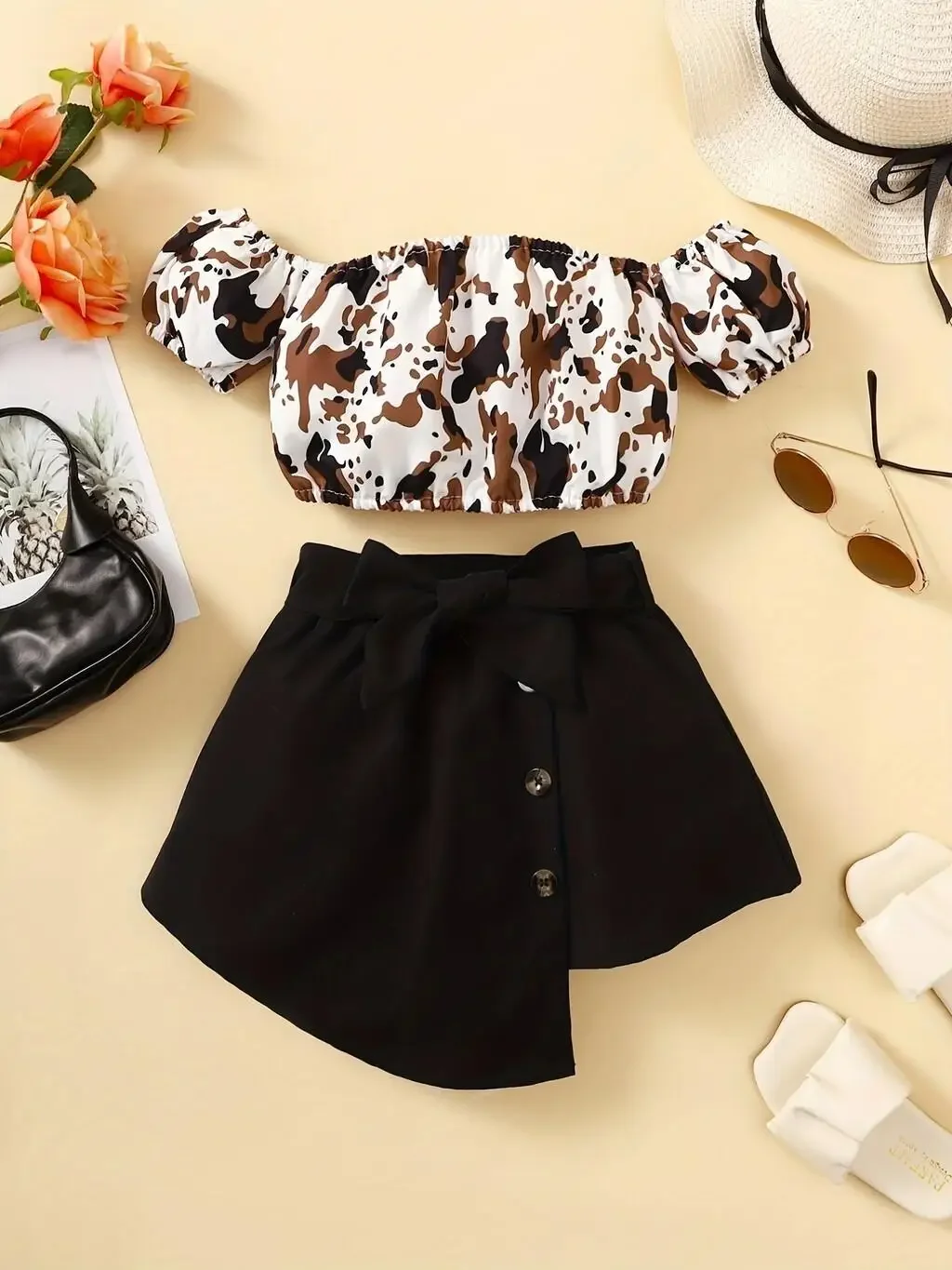 2PCS Toddlers Girl Summer Clothes Set Off Shoulder Leopard Print Top+Short Skirt with Bow Birthday Party Wear for Kids 1-4 Years