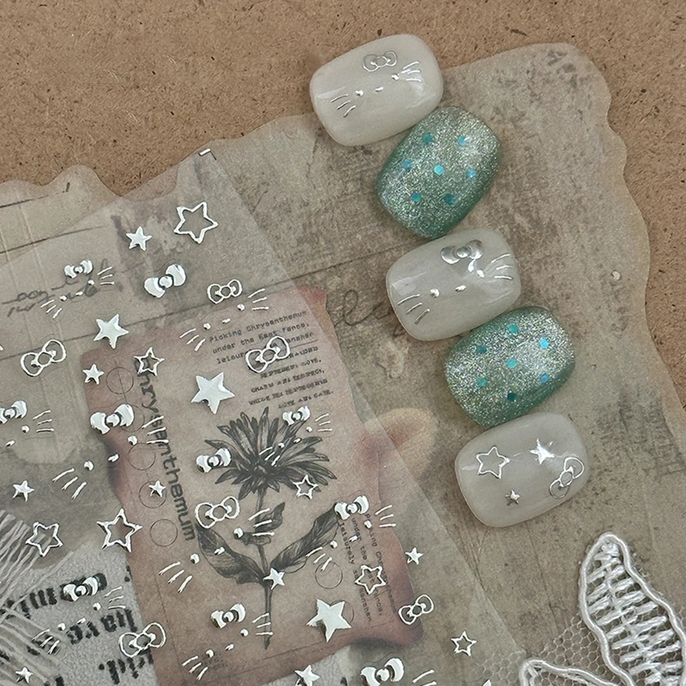 Calcomanías para uñas de Hello Kitty con lazo de estrella plateada 5D, pegatina con purpurina de Metal, cara de gato de gatito, deslizador de uñas con estrellas de cinco puntas, manicura DIY