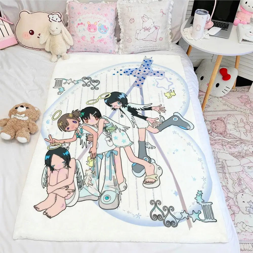 Sweet‑Edgy Aesthetic Angel Girl Print Flannel Throw Blanket, Multifunctional Shawl Air‑Conditioning Cover Blanket for Dorm Bedro