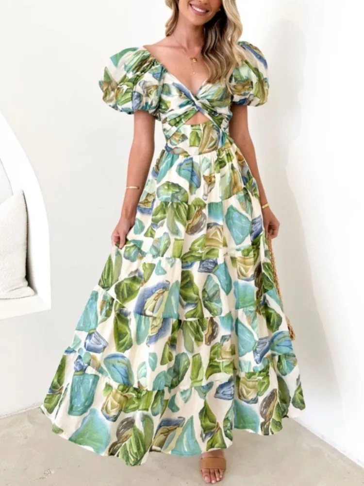 

Summer Vacation Style Casual Print Waist Puff Sleeve Large Swing Dress Women's Sexy Hot Girl Hollow High Waist Casual Dress