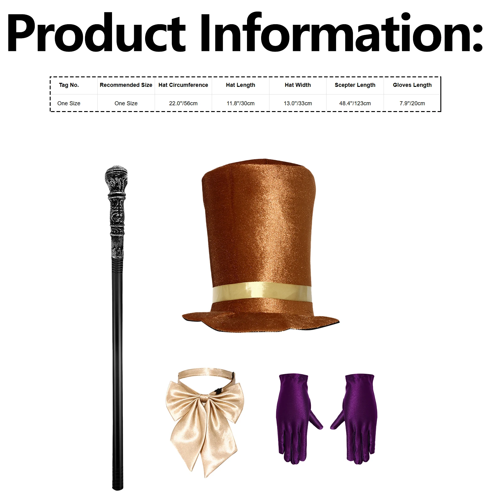 Unisex Men Women Short-brimmed Top Hat Cap Adjustable Bow Tie Detachable Canes Scepter with Gloves Four-piece Set for Halloween