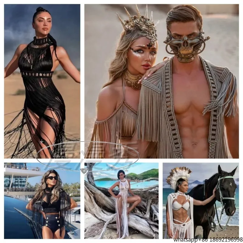 European and American Ethnic Style Hand-woven Hollow Hand Hook Knitted Sexy Fringed Beach Dress Muse Design Dress