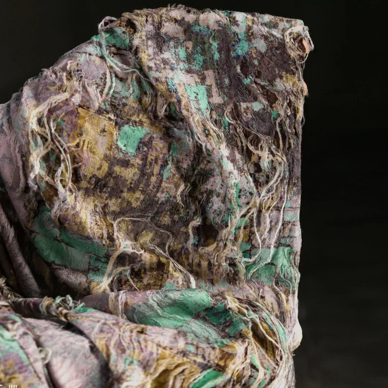 

Textured Knit Fabric Vintage Green Dunhuang Moss Bohemian Distressed Tassel Recycled Stretch DIY Dress Clothing Design Fabrics