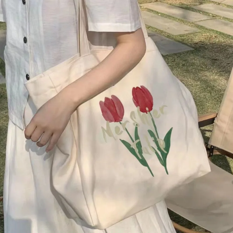 

INS Korean Fashion Floral Canvas Shoulder Bag for Student Simplicity Sweet Print Flower Tote Bag Portable Large Capacity Handbag