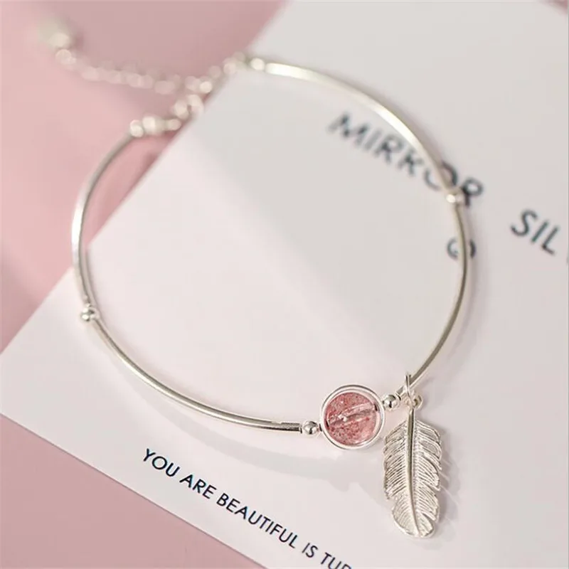

New Creative Pink Crystal Feather 925 Sterling Silver Jewelry Temperament Leaf Natural Strawberry Bracelets SL050