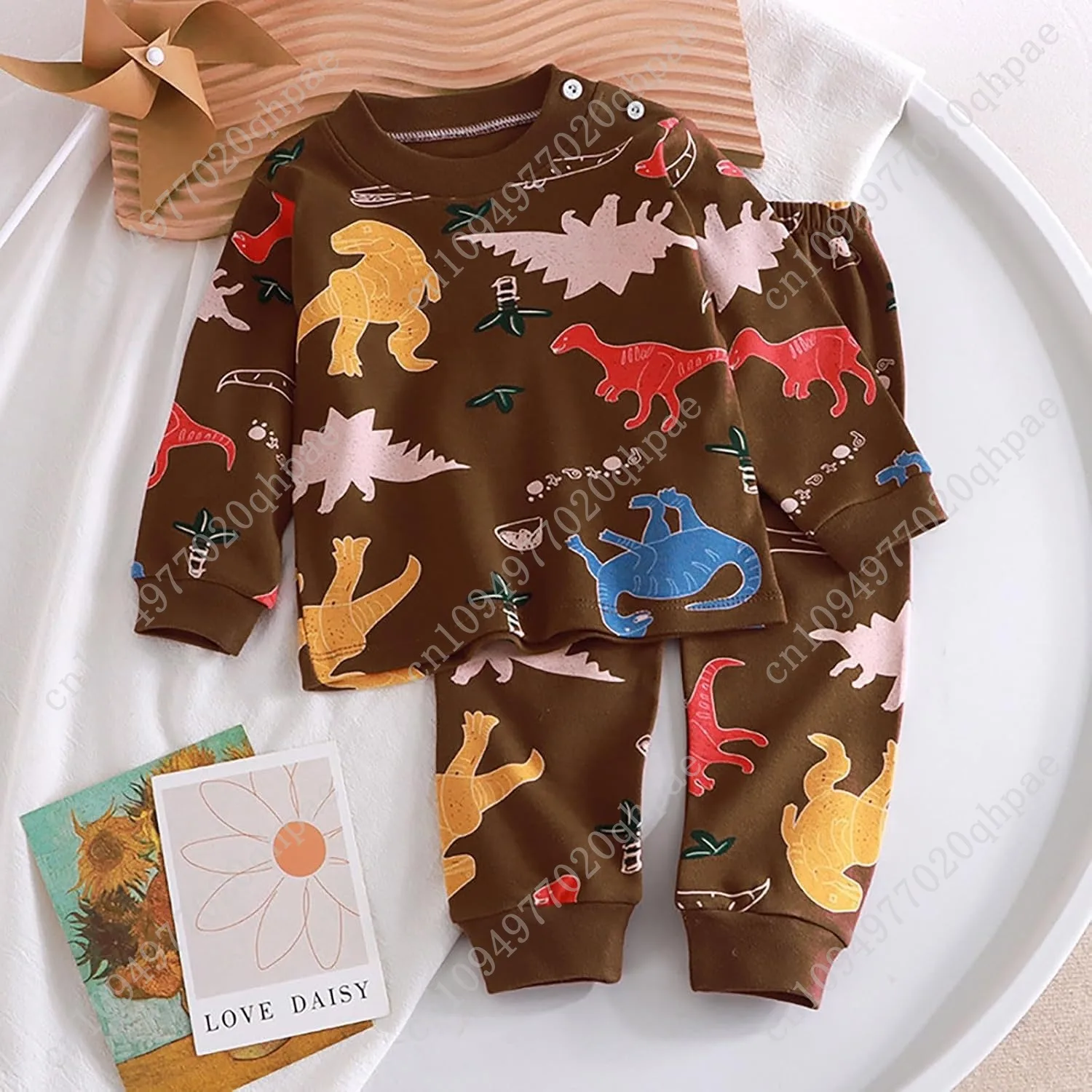 Set Piyama Anak Laki-laki Kecil Pakaian Tidur Katun Lengan Panjang Bayi Balita Pakaian Tidur Kartun Lucu Dinosaurus Pakaian Santai